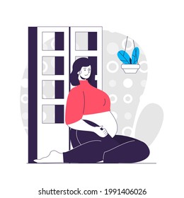 Pregnancy web concept. Pregnant woman with belly sitting on floor in room. Young family people scene. Flat characters design for website. Vector illustration for social media promotional materials
