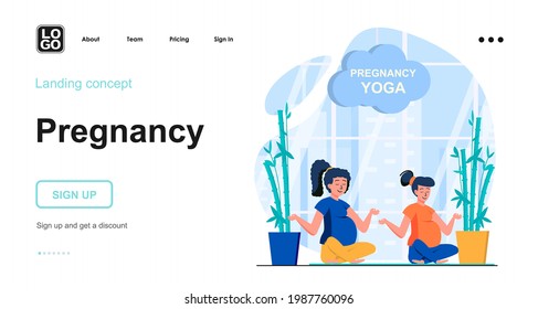 Pregnancy web concept. Pregnant women do yoga, practice lotus position and meditate relaxation. Template of people scene. Vector illustration with character activities in flat design for website