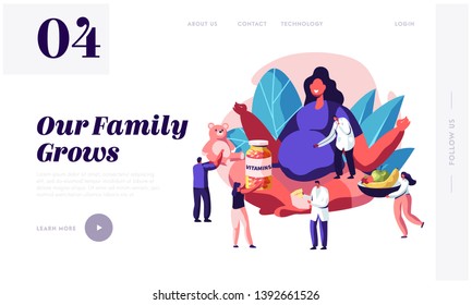 Pregnancy Website Landing Page. Pregnant Woman with Big Belly Sitting in Lotus Pose with People Giving her Vitamines, Baby Toys, Healthy Nutrition. Web Page. Cartoon Flat Vector Illustration, Banner