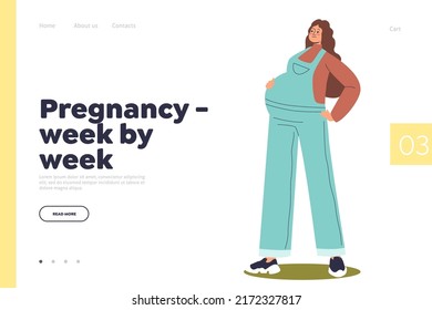 Pregnancy week by week concept of landing page with young pregnant woman in casual overalls clothes. Happy female waiting for baby born. Health and motherhood. Cartoon flat vector illustration