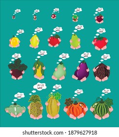 Pregnancy weekly pack of stickers. Fetal size by week. Fruits and vegetables. Vector illustration, icons.