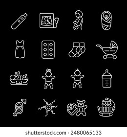 Pregnancy, white line icons. Symbols representing pregnancy and newborn care. Essential for health and family themes. Symbols on black background. Editable stroke.