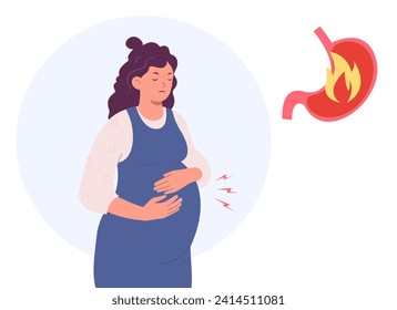 Embarazo mujer con dolor abdominal. Problema del sistema digestivo. Concepto de síntomas y problemas de embarazo.	