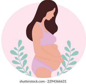 Pregnancy woman in blue underwear pregnant on background with flowers leaves vector illustration