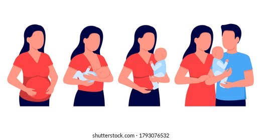 Pregnancy woman, breastfeeding, mother feeding newborn baby with breast in hands. Expectant mother, motherhood. Child boy drinks milk from the female breast. Happy family. Vector flat illustration