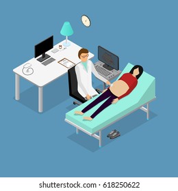Pregnancy Woman and Doctor with Ultrasound Appointment Isometric View. Professional Reproduction Care and Services Vector illustration