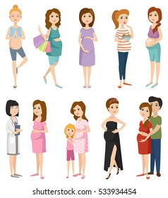 Pregnancy woman life vector set.