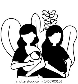 pregnancy woman and mother with baby maternity scene flat vector illustration