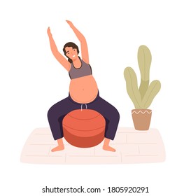 Pregnancy woman practicing workout on aerobic ball vector flat illustration. Happy female with big pregnant tummy enjoying physical activity isolated on white. Future mom exercising or warming up