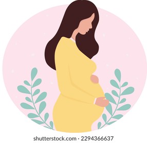 Pregnancy woman in a pregnant dress on a background with flowers and leaves vector illustration