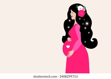 Pregnancy woman in a pregnant dress on a background with flowers and leaves.  Future mom. Pregnancy banner. Happy pregnant woman touching belly. vector illustration
