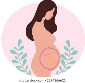 Pregnancy woman pregnant on background with flowers leaves vector illustration