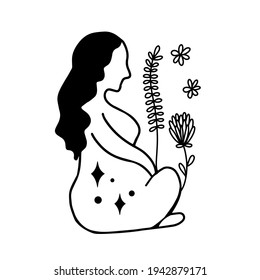 Pregnancy woman silhouette. Health motherhood, mental health. Mothers healthcare concept vector illustration with wild growed flowers. Meadow flowers decoration symbols of life and miracle.