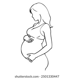 Pregnancy Woman Silhouette Linear Drawing. Style Template with Pregnant Female Silhouette. Mother` s Day Card Trendy Minimal Vector Illustration. Female Profile for Beauty, Fashion, Health Design	