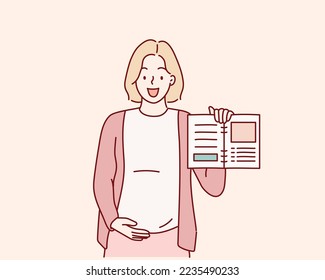 pregnancy woman writing check list. Happy pregnant lady holding notepad. Hand drawn style vector design illustrations.