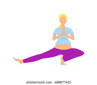 Pregnancy woman in yoga pose isolated vector icon. Healthy lifestyle concept, doing stretches and light weight aerobics illustration