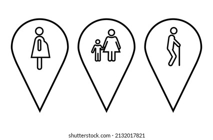Pregnancy, women with children concept vector icon set, flat design pointers, infographic template. Location icons indicating pregnant, elderly, women with children, people with disabilities