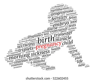 Pregnancy. Word cloud, baby silhouette, italic font, white background. The miracle of birth.