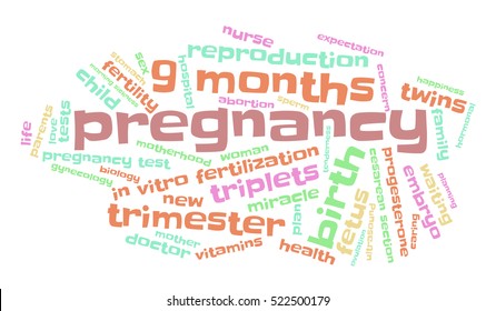 Pregnancy. Word cloud, multicolored font, white background. The miracle of birth.