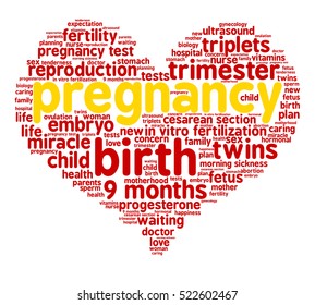 Pregnancy. Word cloud, red heart, white background. The miracle of birth.