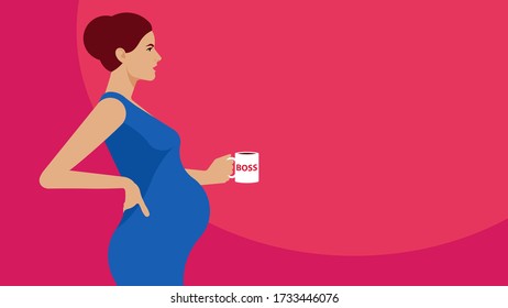 Pregnancy at work concept. Female boss is standing and keeping mug of coffee. Female manager, the skirt boss, realistic woman. Modern vector illustration about feminism, occupation, pregnant worker.