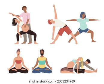 Pregnancy yoga couple. Happy future parents different asana poses, healthy family stretch and meditation exercise, husband and wife preparing for child birth. Vector cartoon isolated set