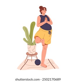 Pregnancy yoga indoors. Happy pregnant woman training, practices balance, breathing exercises in tree pose. Expectant mother goes sport, workout. Flat isolated vector illustration on white background