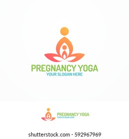 Pregnancy yoga logo set with silhouette mam and baby color flat modern style for studio, class and school yoga. Vector Illustration