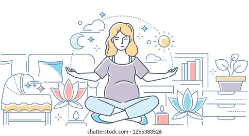 Pregnancy yoga - modern line design style illustration on white background. High quality composition with a woman expecting a baby, meditating in lotus position at home, images of cradle, candles