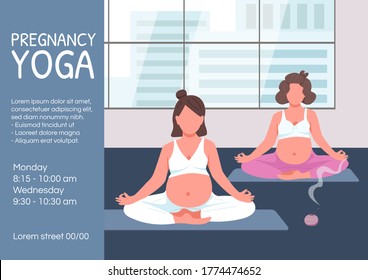 Pregnancy Yoga Poster Flat Vector Template. Expecting Mother Meditate In Lotus Pose. Brochure, Booklet One Page Concept Design With Cartoon Characters. Prenatal Training Flyer, Leaflet