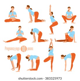 Pregnancy yoga. Pregnant woman doing yoga, stretching exercise and light weight aerobics illustration. Female character having healthy lifestyle, relaxation isolated vector set. Healthy pregnancy
