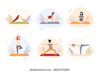 Pregnancy yoga or prenatal exercises set of female characters doing various asanas, flat vector illustration isolated on white background. Yoga workout for pregnant.