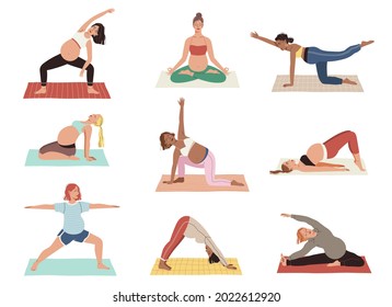 Yoga durante el embarazo. Relájate mujeres con diferentes poses de asana, estado físico de las embarazadas, estiramiento de las madres, respiración adecuada, preparación para el parto. Meditación y ejercicios. Conjunto aislado de dibujos animados