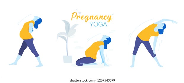 Pregnancy yoga set flat modern style for studio. Yoga training for healthy pregnancy.