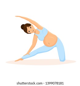 Pregnancy Yoga Training Flat Vector Illustration. Slim Woman Doing Side Bends. Prenatal Fitness Exercises. Young Lady Cartoon Character Working Out at Home. Future Mother Healthy Lifestyle