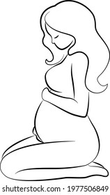 Pregnancy. A young pregnant girl hugs her belly. Line drawing 