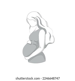 Pregnancy. A young pregnant girl hugs her belly. line drawing