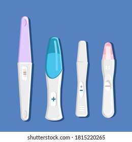 Schwangerschaftstests für zu Hause.Vier verschiedene Typen und Formen.Nachweis des HCG-Hormons im Urin.Babyplanung und Darstellung der weiblichen Gesundheit.Reproduktion und Mutterschafts-Konzept für Geburtshilfe, Gynäkologie