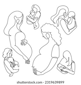 Mujer abstracta embarazada de una línea de arte , contorno continuo estilizado con puntos abstractos. Señora que espera un hijo, foto de la futura madre y del bebé en el vientre. Concepto de maternidad.Doodle,sketch,vector