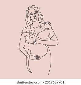 Pregnant abstract woman one line art , stylized continuous contour with abstract spots. Lady expecting child,picture of future mother and baby in belly. Motherhood concept.Doodle,sketch,vector