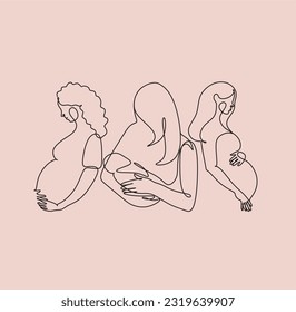 Pregnant abstract woman one line art , stylized continuous contour with abstract spots. Lady expecting child,picture of future mother and baby in belly. Motherhood concept.Doodle,sketch,vector