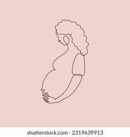 Mujer abstracta embarazada de una línea de arte , contorno continuo estilizado con puntos abstractos. Señora que espera un hijo, foto de la futura madre y del bebé en el vientre. Concepto de maternidad.Doodle,sketch,vector