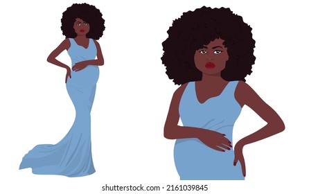 Pregnant african american woman in elegant dress. Modern banner about pregnancy and motherhood.