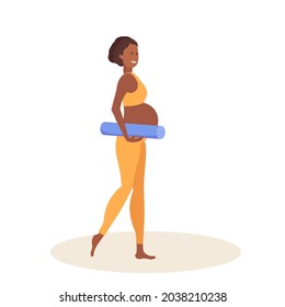 Pregnant African American woman going to do yoga, sports training, gymnastics. Woman in sportswear comes with an armpit yoga mat. Maternal and baby health concept. Flat cartoon vector illustration.