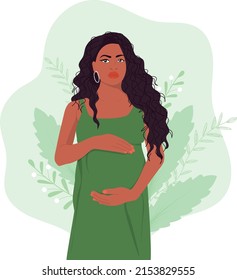 Pregnant african american woman with hands over her belly. Modern banner about pregnancy and motherhood.