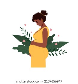 Pregnant african american woman holding her belly. Vector illustration