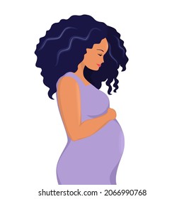 Pregnant african american woman isolated on white background. Cartoon flat style. Vector illustration