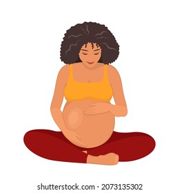 Pregnant african american woman isolated on white background. Pregnancy, motherhood concept. Cartoon flat style. Vector illustration