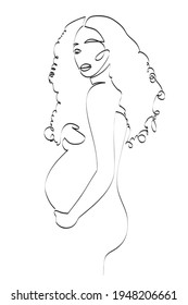 Pregnant african american woman with long curly hair hugs her belly, abstract portrait drawing with lines, motherhood concept, vector illustration for t-shirt, print design, covers, tattoo