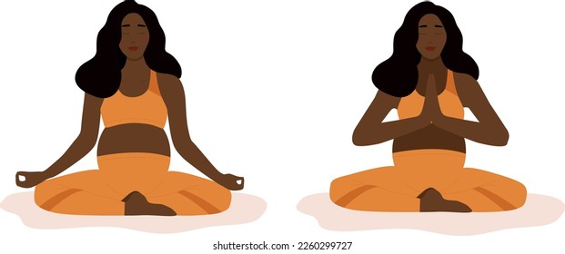 A pregnant African American woman meditates in the lotus position and practices yoga. The concept of yoga, meditation, relaxation, health, pregnancy, motherhood. Breathing exercises and health care.